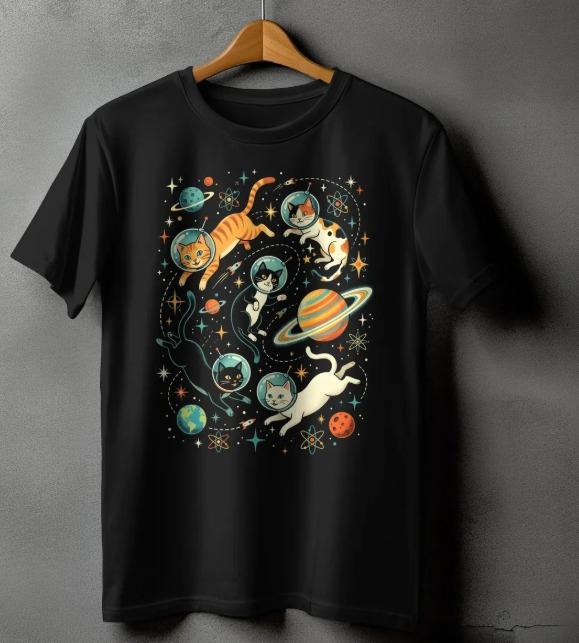 Funny Space Cats Astronaut T Shirt Retro Cat Galaxy Design Versatile Shortsleeved Tee Kawaii Casual Top for WomenGirls Unisex