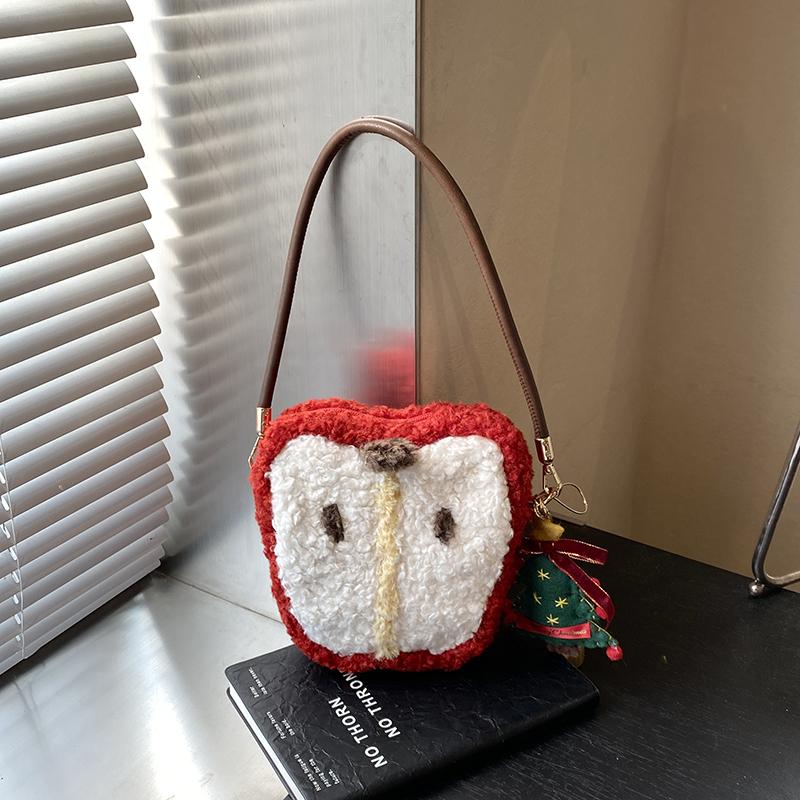 Vánoční kabelka z jehněčí vlny s jablkem, plyšová, roztomilá malá taška, všestranná taška přes rameno