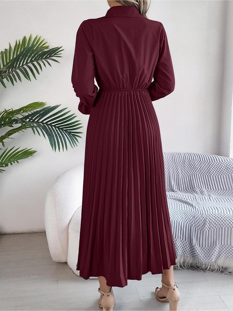 Abito a Colletto Reversibile Monocolore Abito Elegante Plissettato a Vita Alta per Donna Abiti Ampi a Maniche Lunghe Abito Casual