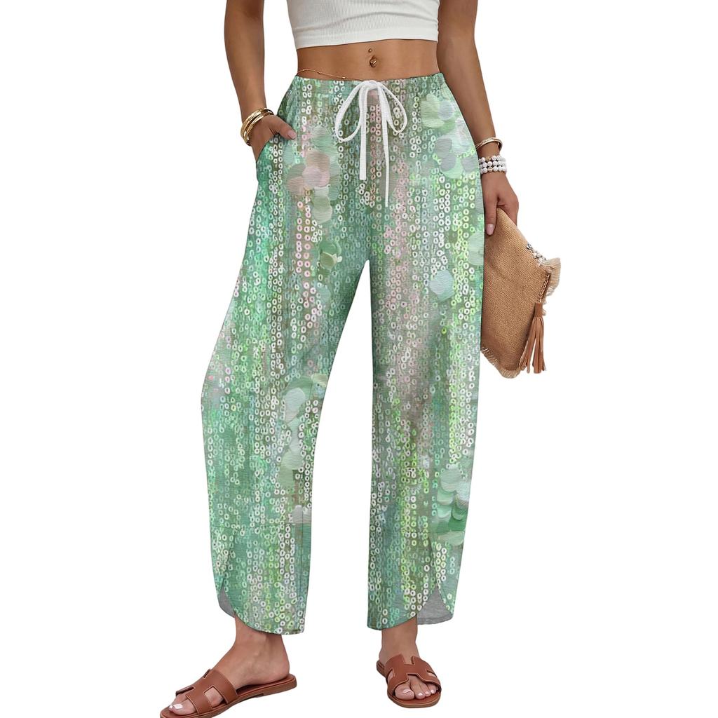 Women Casual Wide Leg Pants Marble Print Loose Fit Drawstring Waist Straight Leg Trousers Comfortable Lightweight Fabric