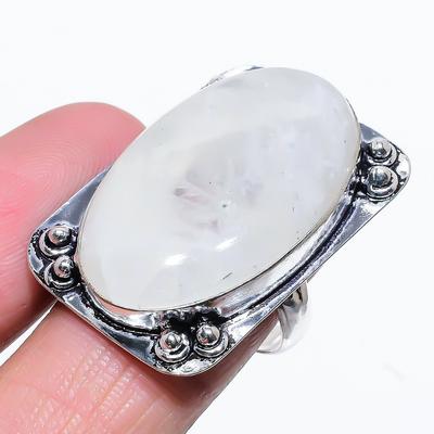 Natural Rainbow Moonstone Gemstone 925 Sterling Silver Ring Size 8.5 K8Y52