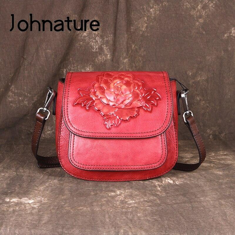 Johnature اليدوية النقش جلد طبيعي المرأة حقيبة خمر جلد البقر الطبيعي حقيبة كتف صغيرة ساعي البريد