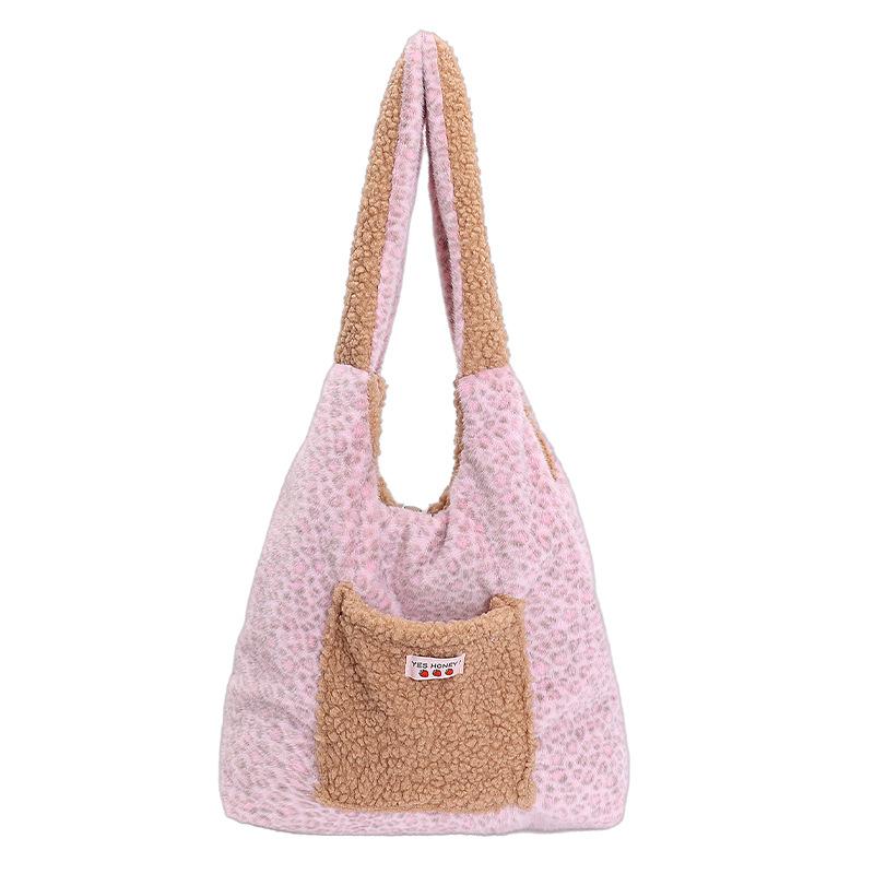 

Korean Retro Leopard Print Reversible Furry Shoulder Bag Women Large Capacity Commuter Handle Bag Texture Versatile Storage Bags розовый