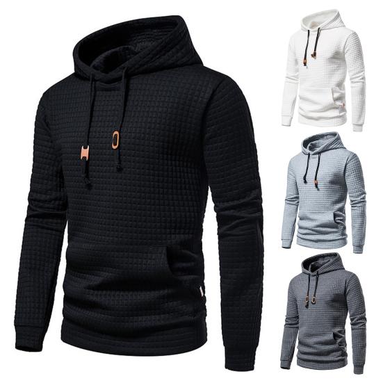 Long Sleeves Drawstring Pocket Waffle Fabric Men Sweatshirt Spring Autumn Plaid Quilting Solid Color Hoodie