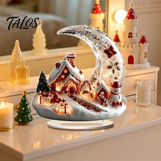 Winter Themed Decorative Art Christmas Acrylic Ornament, 2D Flat Snowy Cottage Ornament with Base, Small for Desk Display Santa Snowman Table