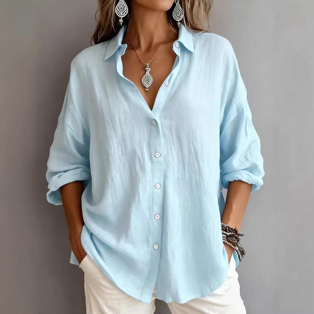 European Women's Single-Breasted Casual Long Sleeve Cardigan - Solid Color, Loose Fit, Fashionable Lapel Style.