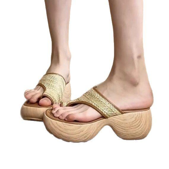 Soft leather version~ New holiday style woven soft-soled Roman toe slippers women's summer thick-soled outer wear new sandals