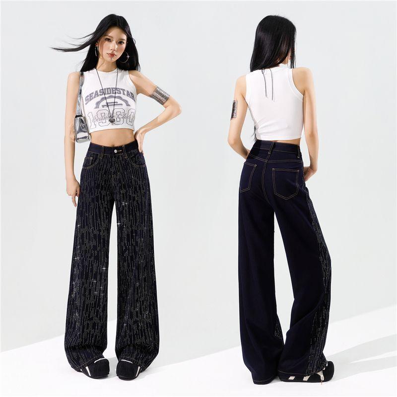 Spring Summer Bling Full Star Wrinkle Resistant Four Way Stretch Drape Micro Flare Wide Leg Denim Pants For Women Casual Pants Oversize Denim Trousers