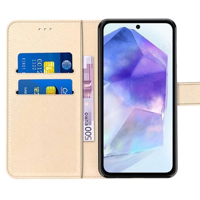 Coque pour Samsung Galaxy A55 5G, Protection Antichoc en Cuir PU avec Porte-Cartes et Fonction de Support - Doré