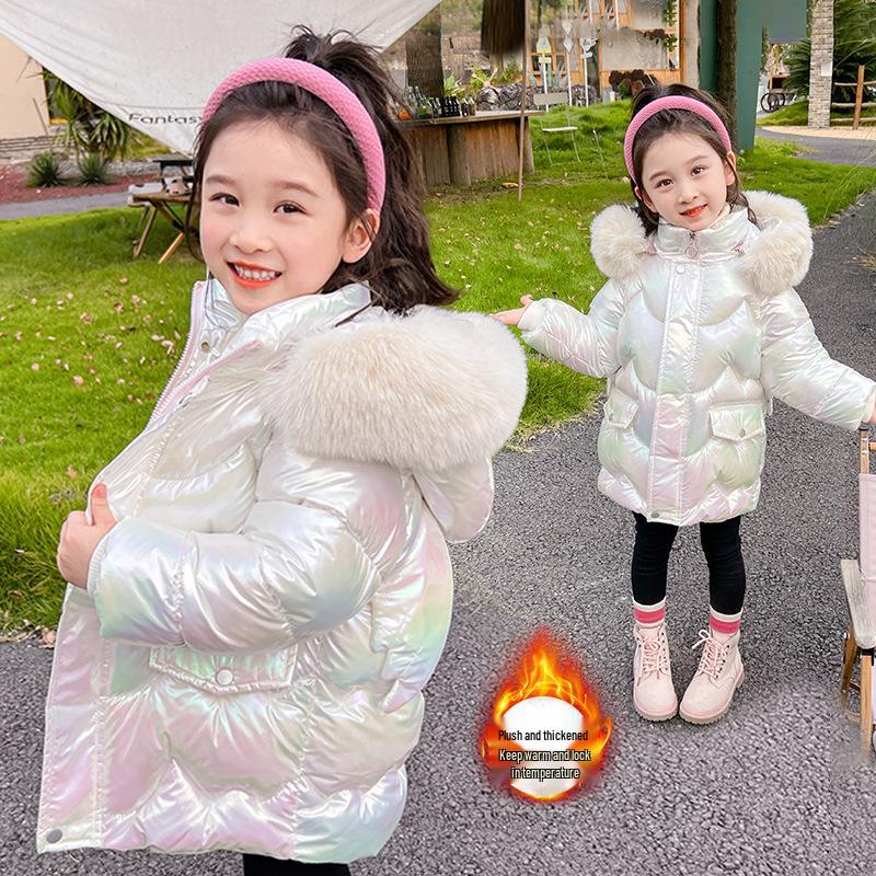 Girls' Mid-Length Bright Down Jacket - Wash-Free, Warm, Thickened for Winter