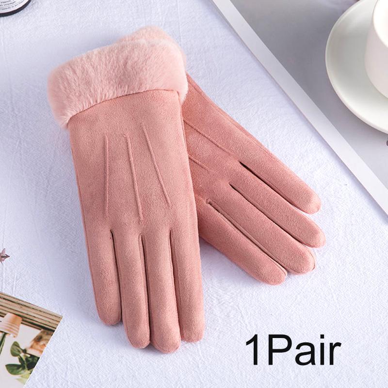 1Pair Touch Screen Winter Fleece Suede Soft Women Warm Gloves Ladies Fur Lined Thermal