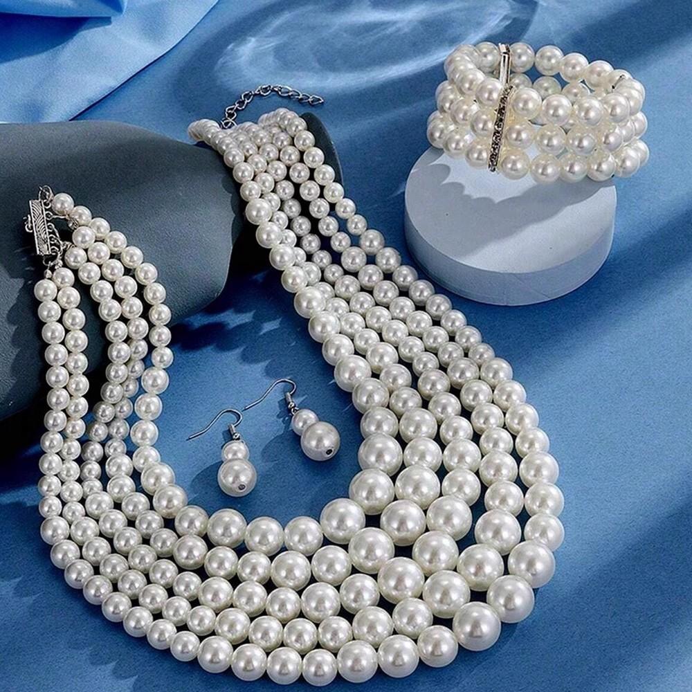 4pcs Trendy Elegant Bridal Zircon Set Imitation Pearl Handmade Beaded Necklace Bracelet Earring Set Women's Party Accessories