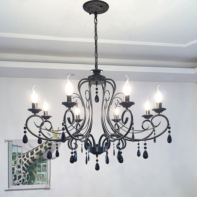 Retro Candle Pendant Light, Living Room Light, Dining Room Bedroom, Simple Rustic Style, Wrought Iron Black Crystal Lighting Fixture