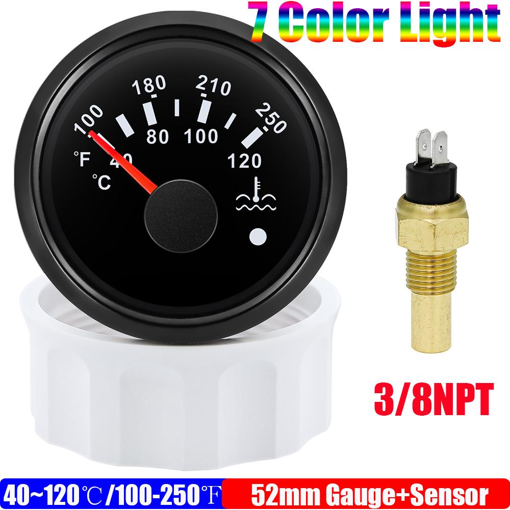 40~120℃,100~250℉ 52mm Water Temp Gauge+Sensor 1/8NPT 7 Color LED Water Temperature Meter Alarm Auto Car Marine Boat Motor 12V24V