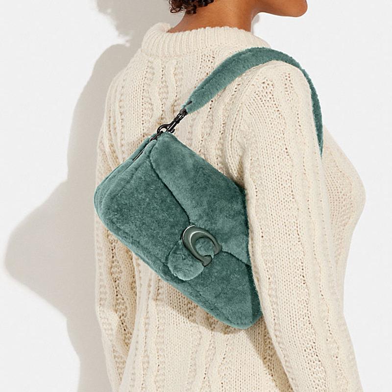 COACH Pillow 26 buckle flap closure shearling crossbody shoulder bag women's green