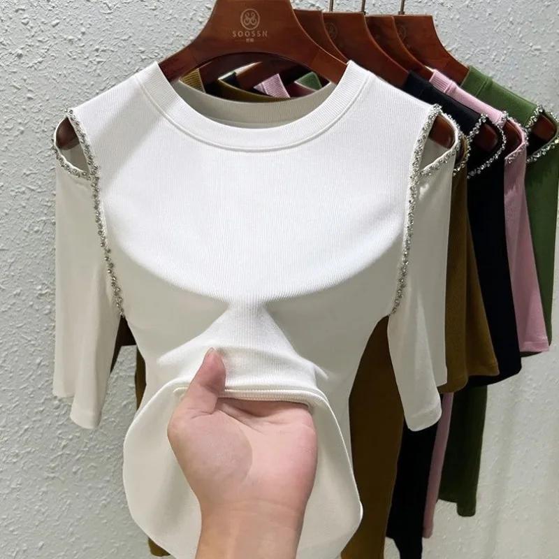 Damen Schwarzes Rollkragen Oberteil 3/4 Ärmel Cold Shoulder Schlanke Bluse Strassstein Detail