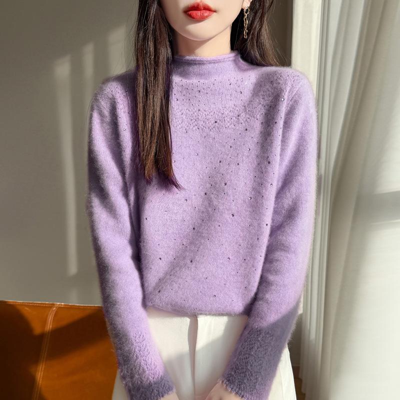 2026 A/W Wool Sweater: Thickened Roll Edge, Half-High Collar, Long Sleeve, Hot-Fix Rhinestone, Hollow-Out Knitwear.