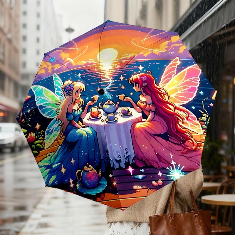 Enchanted Fairy Tea Party Umbrella: A Magical Companion for Outdoor Adventures, Automatically Opens/Closes, Lightweight and Durable,