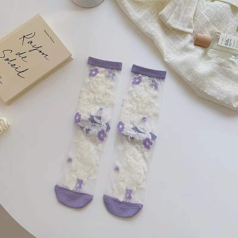 New Women Ladies Sock Fashion Sheer Mesh Glass Silk Socks Ultrathin Transparent Crystal Lace Fabulous Elastic Summer Flower Sock