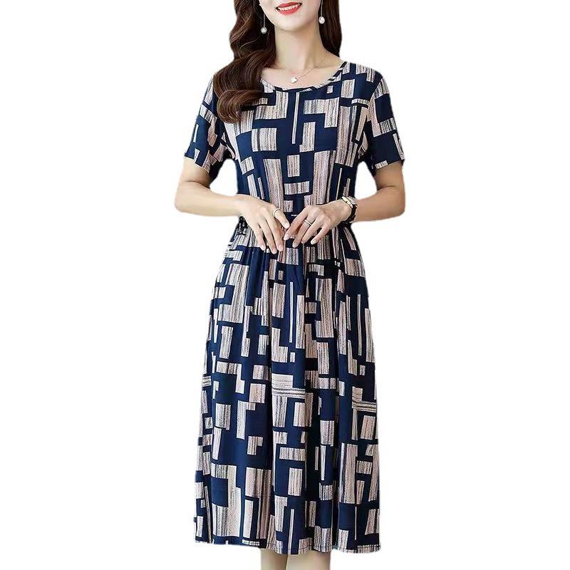 Women's Trendy Summer Slim-Fit Printed Dress - Short-Sleeve Waist-Length Mid-Length Skirt, Plus Size