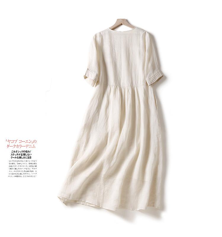 Retro-Design Organplissee Baumwoll- und Leinenkleid Damen einfarbig V-Ausschnitt Ramie kühl und dünn langes Kleid Kinder