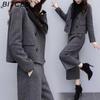 BITCED Women's Fall/Winter Two-Piece Set: Herringbone Tweed Blazer & Wide-Leg Pants Casual Fashion Set
