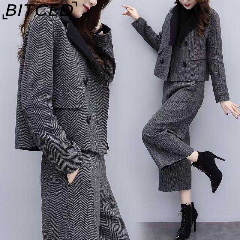 BITCED Women's Fall/Winter Two-Piece Set: Herringbone Tweed Blazer & Wide-Leg Pants Casual Fashion Set
