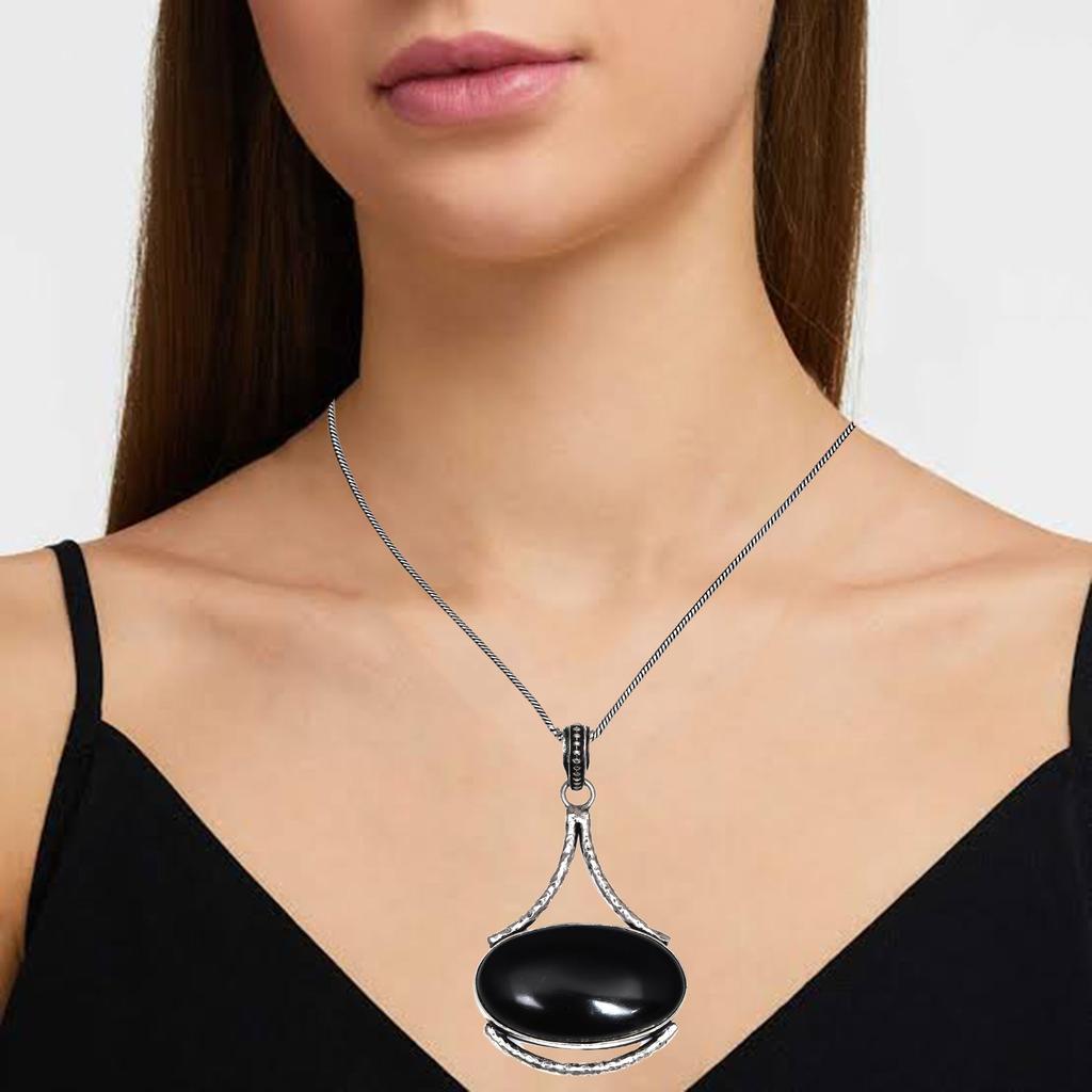 Black Spinal Gemstone Handmade Women's Unisex Silver Jewelry Pendant 2.5