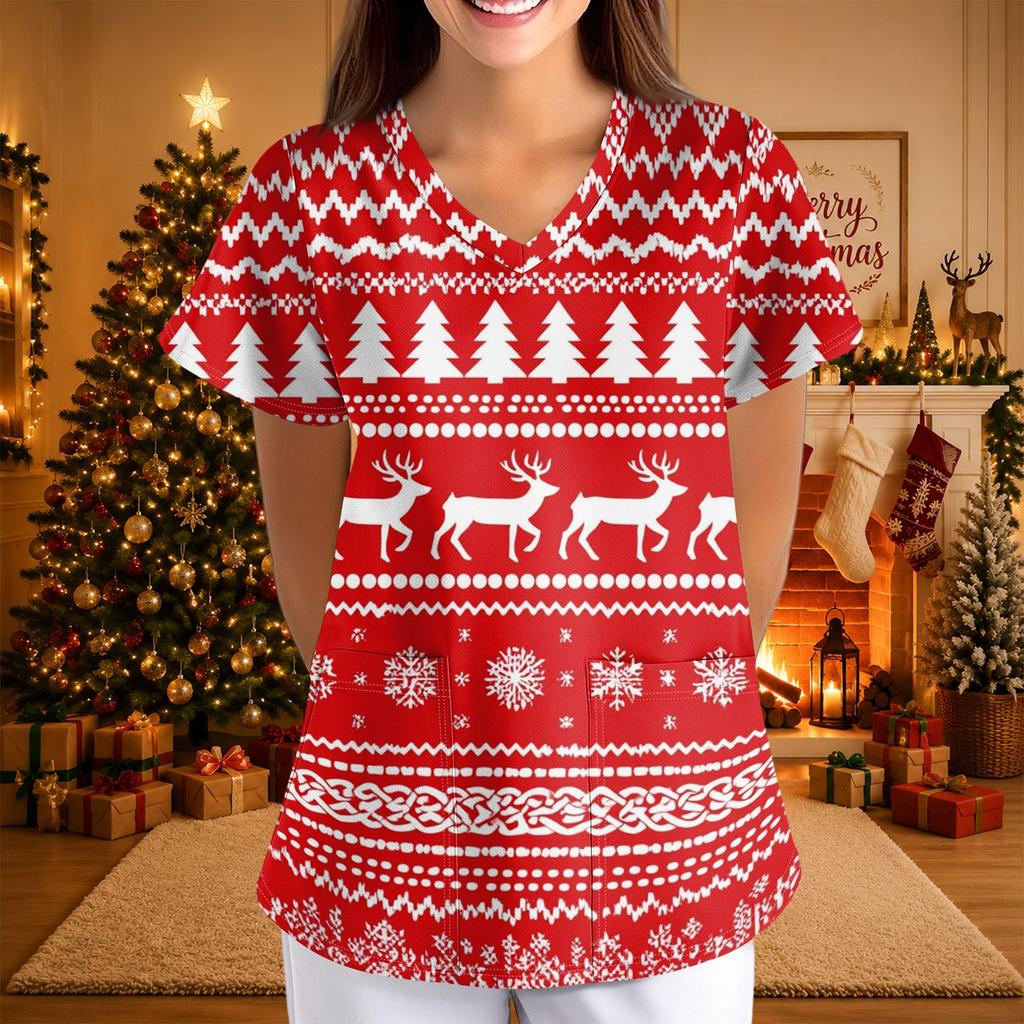 Women's Casual Fashion Printed Neck Top with Three-Quarter Sleeves for Christmas
