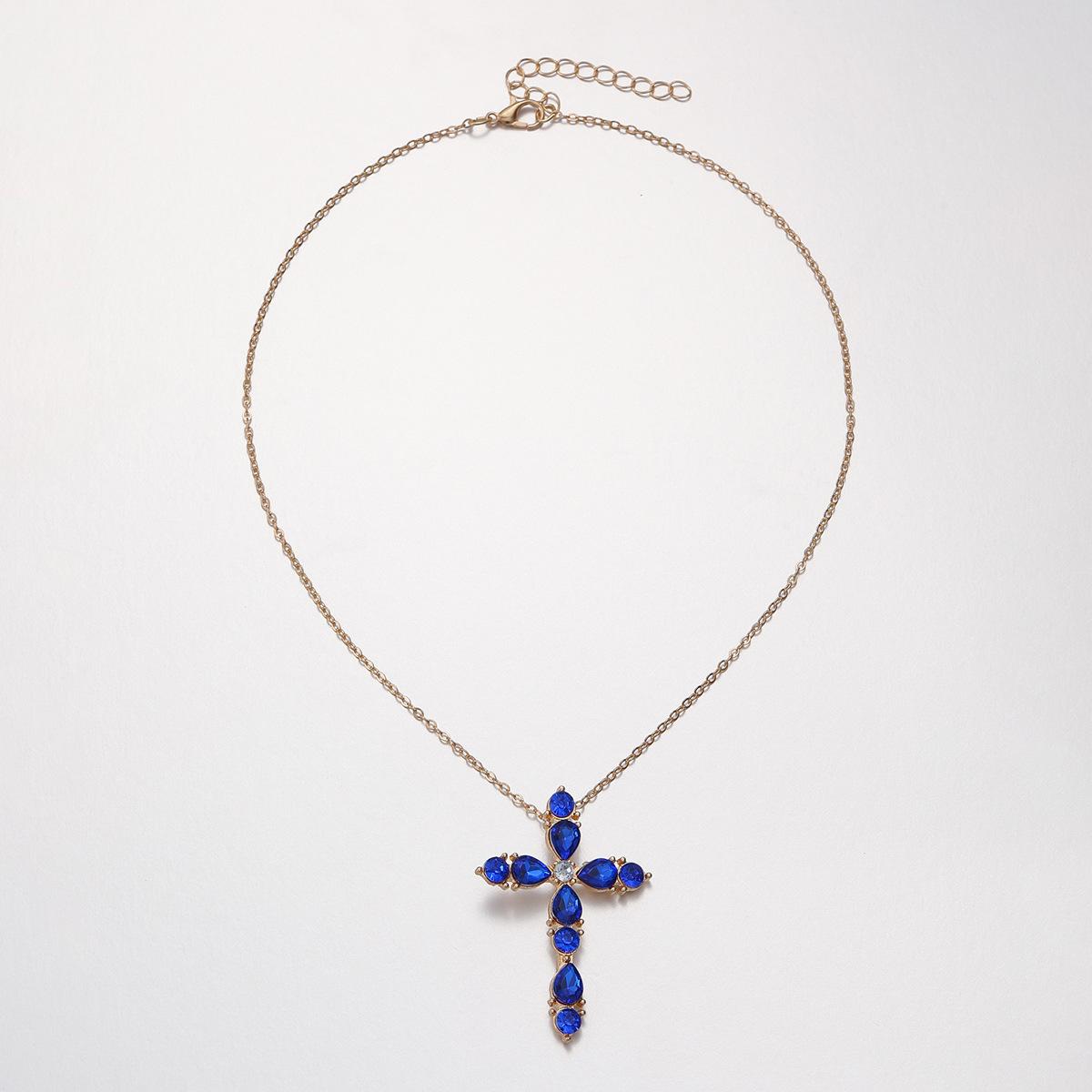 

European and American blue diamond-encrusted cross pendant necklace female, niche light luxury high-end ins collarbone chain jewelry
