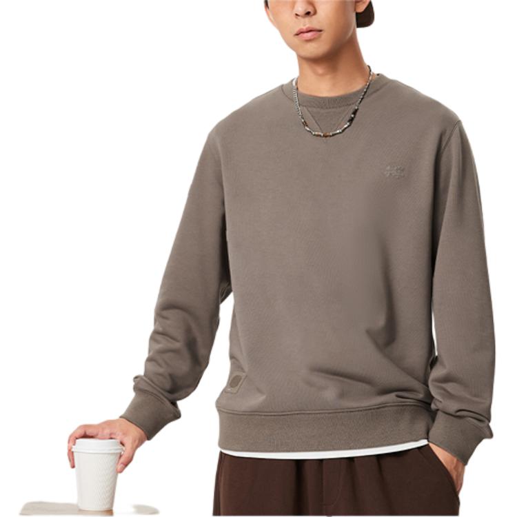 Li Ning China Color Series Solid Color Crew Neck Pullover Casual Long Sleeve Sweatshirt Men Sweatshirt Tree-Gray Brown AWDU657-5