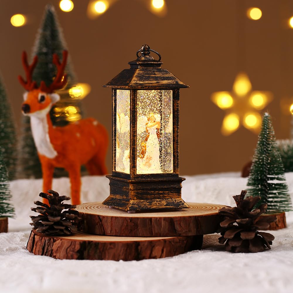 Fun lantern-style snow globe with light. A great value set. Antique-style ornament for creating a dazzling atmosphere and mood. (Santa Claus & Angel)