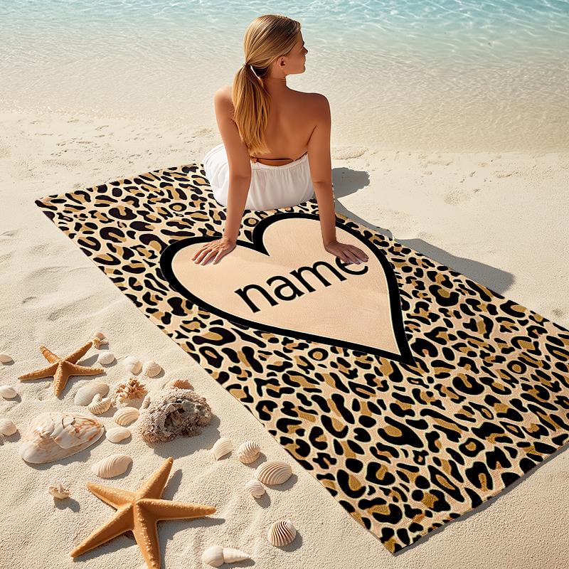 1PC Custom Name Leopard Heart Name Beach Towel Highly Absorbent And Sand-Resistant Towel for Swimming, Pool, Yoga, And Travel Lightweight