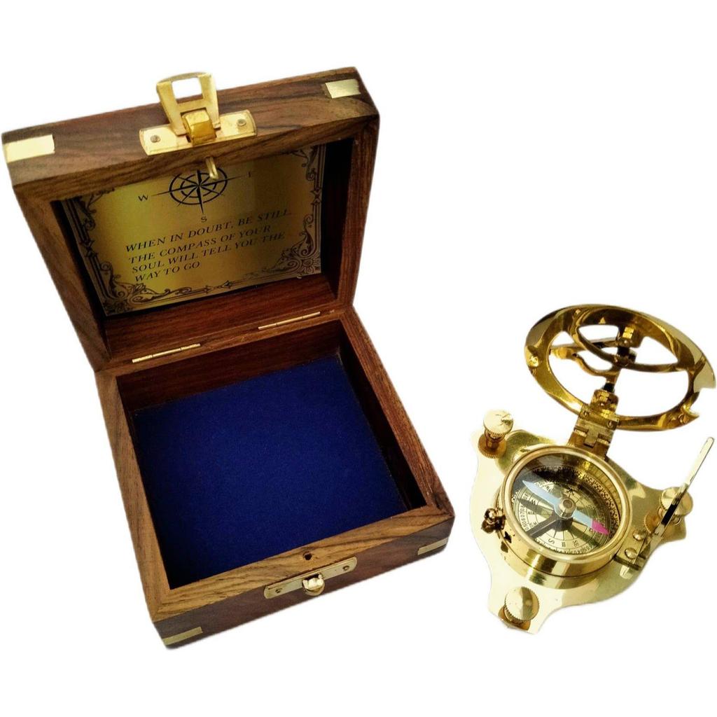 India Brass Sundial Compass With Wood box collectible gift Compass  (Gold, Brown)