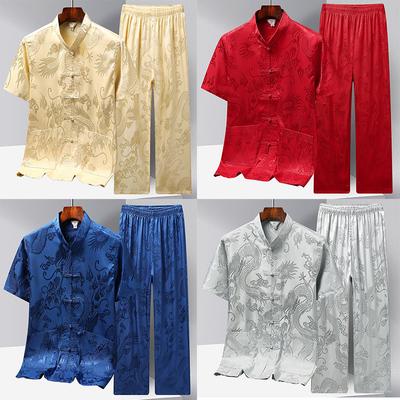 Verão Novo Meia Idade Idoso Tang Terno Masculino Manga Curta Camisa Calças Conjunto de Duas Peças Cetim Dragão Kung Fu Roupas Chinesas