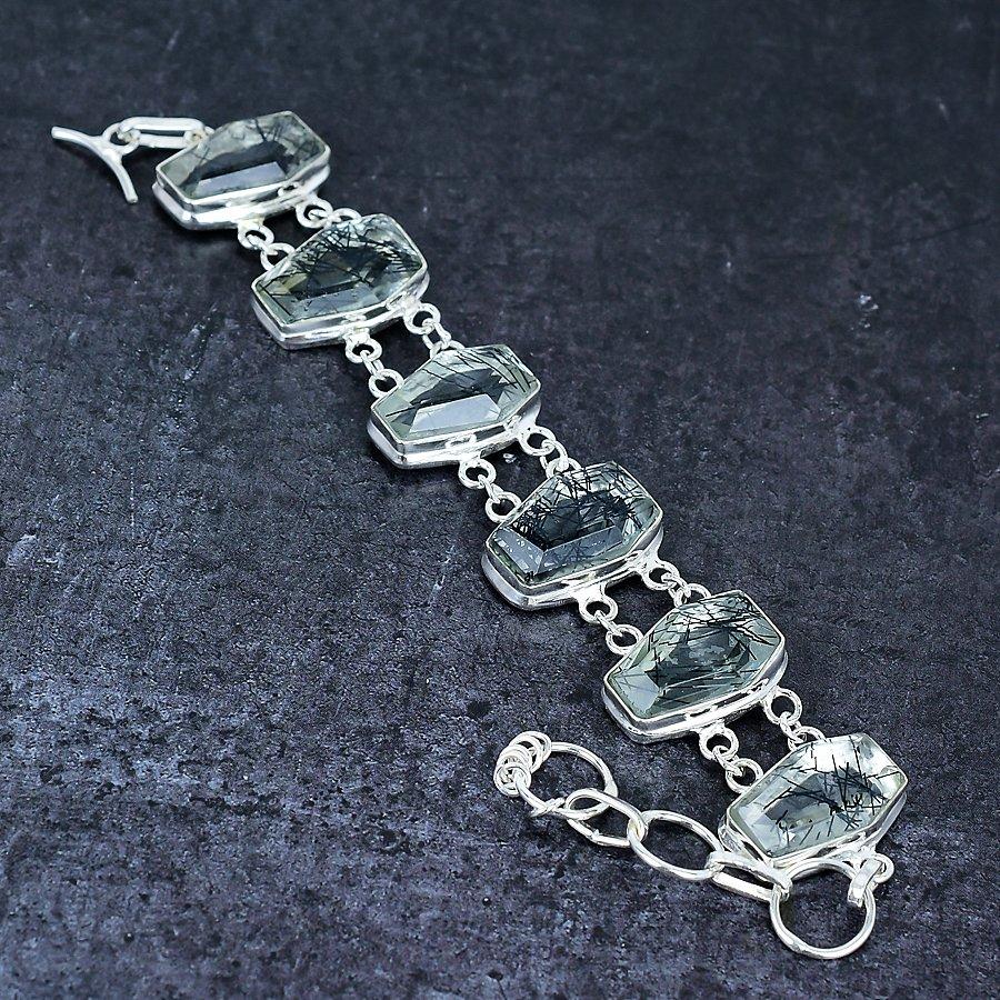 Natural Black Rutile Gemstone Handmade 925 Sterling Silver Bracelet 7-8" U8t79