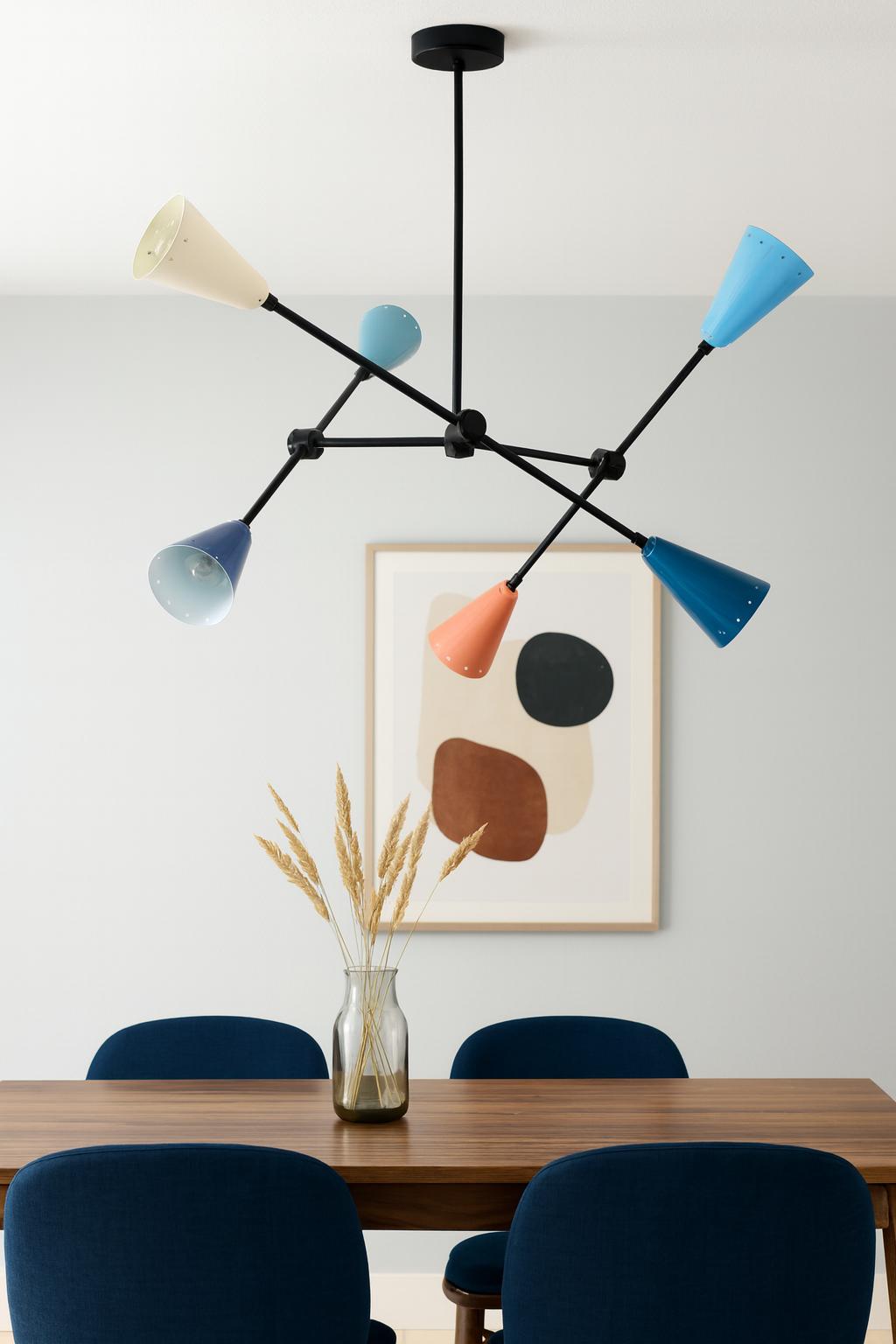 

Mid Century Modern Chandelier 6 Light Sputnik Pendant Colorful Cone Ceiling Light Retro Modern Lighting Fixture for Dining Room Living Room