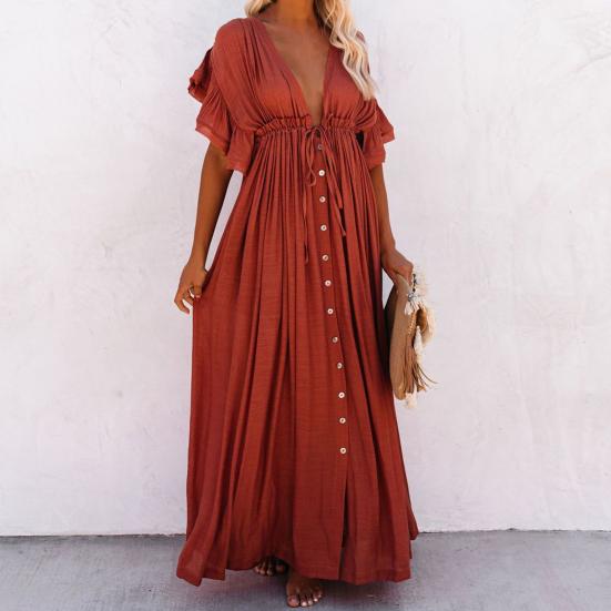 Badeanzug-Abdeckung, einfarbig, sexy, tiefes V-Ausschnitt, Rüschen-Bikinikleid