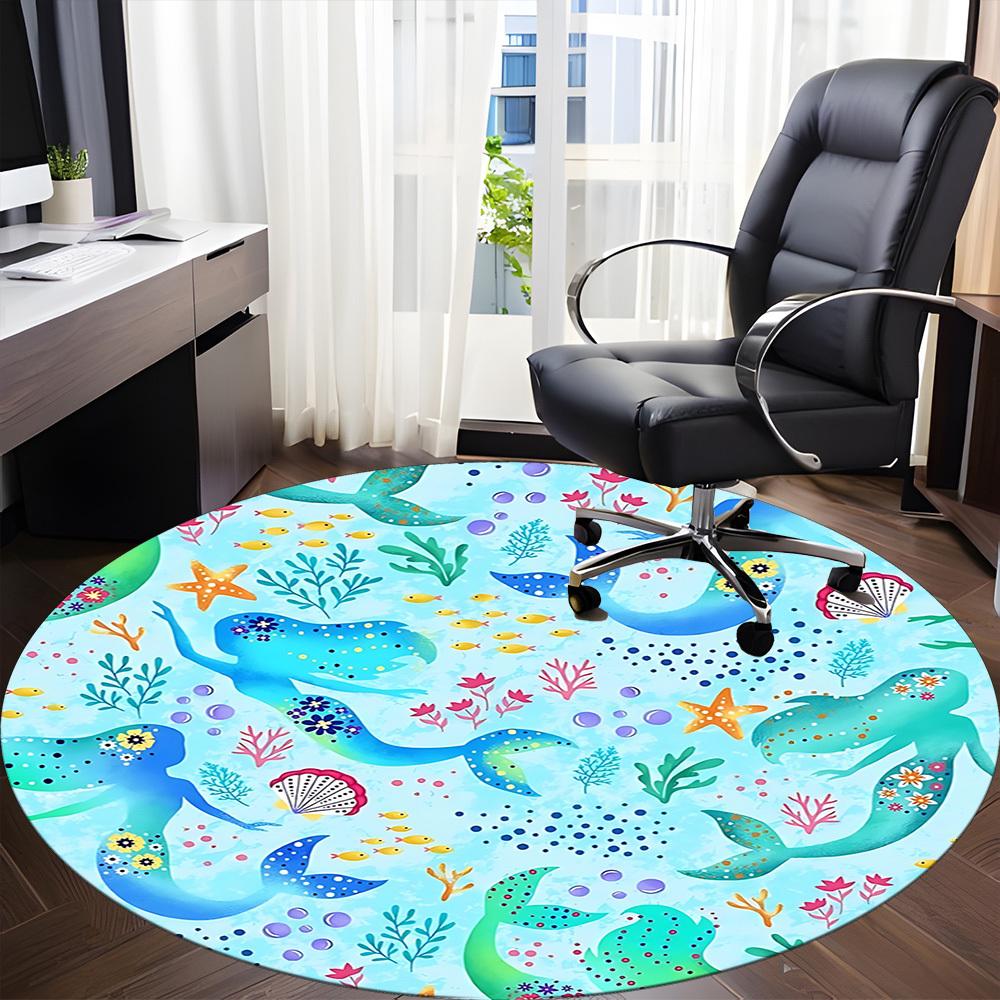 1pc Mermaid OceanChair Carpet for Office, Indoor Non-Slip Washable Polyester Fiber Carpet, Mat For Office, Machine Washable