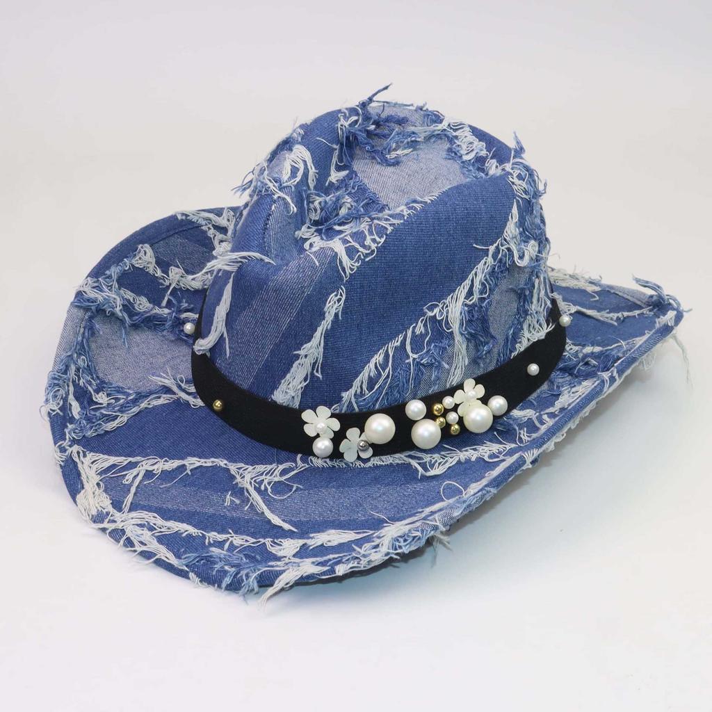 Ethnic Style Bull Head Hat with Decorative Blue Western Cowboy Hat Outdoor Hat Autumn and Winter Retro Old Burr Top Hat
