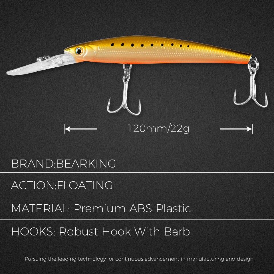 BEARKING Iscas duras iscas de pesca 120mm 22g fundição longa minnow wobblers profundidade de mergulho 6-10 pés Bass Pike
