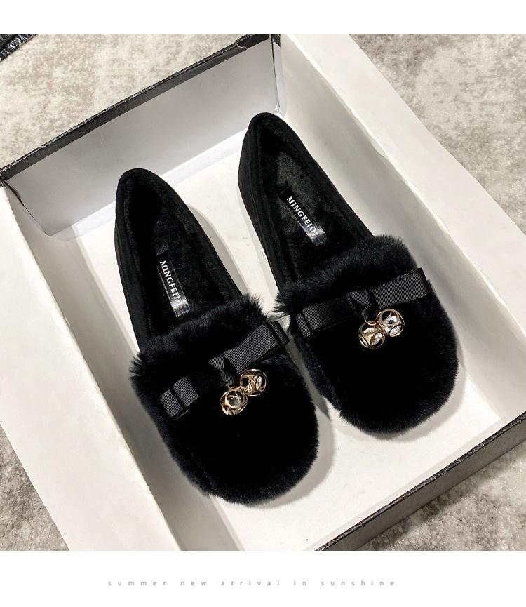 

Fashion Luxury Crystal bow-knot fur shoes women comfy warm plush loafers woman furry flats winter add cashmere moccasins big size 40-43 6.5