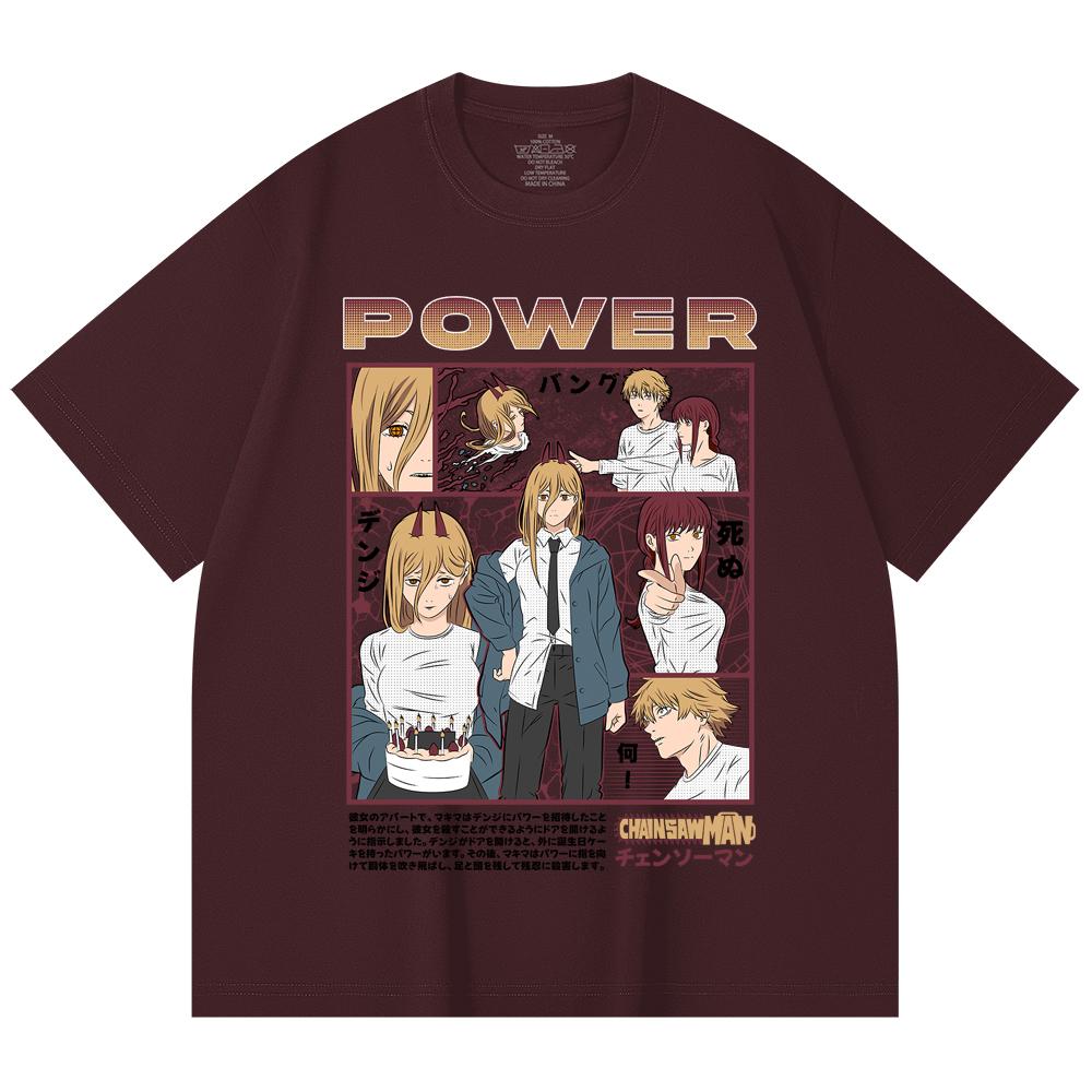 

230 Gsm 100% Cotton Chainsaw Man V1 Power Print Unisex Heavy Cotton T Shirt 2XL вина червоного кольору