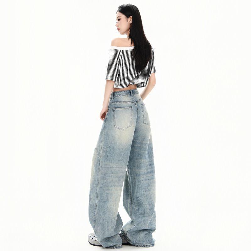 Spring Summer Vintage Distressed Ripped High Waist Slim Relaxed Straight Long Denim Pants For Ladies Casual Pants Oversize Denim Trousers