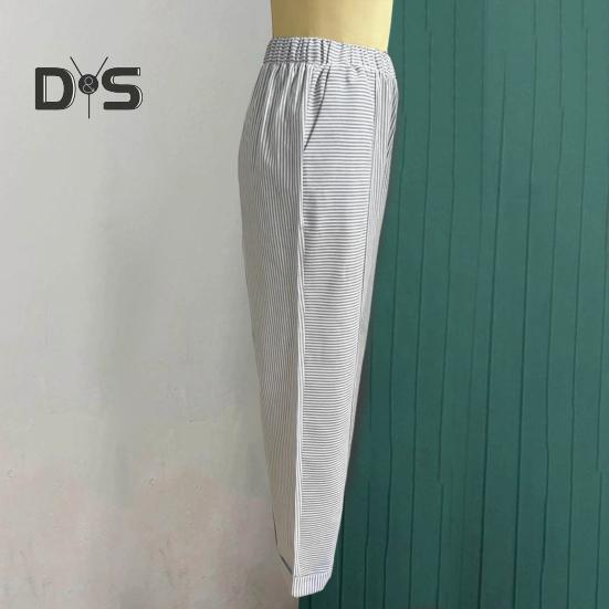 Damen Freizeithose Elastische Taille Mittelhohe Sommer-Jacquard-Lange Hose mit Taschen Streifenmuster Locker sitzende Hose