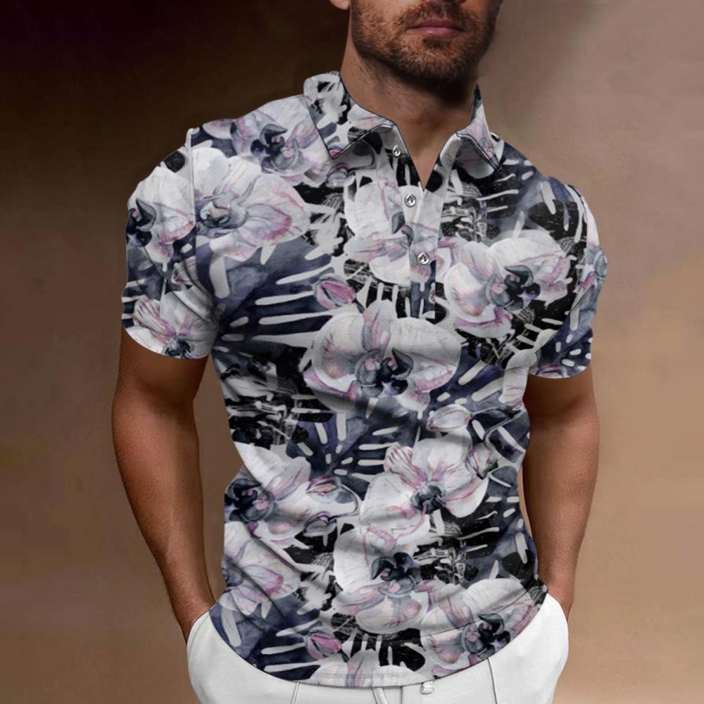Trendiges kurzärmeliges Poloshirt mit Blumenprint, perfekte Freizeitkleidung für Herren.