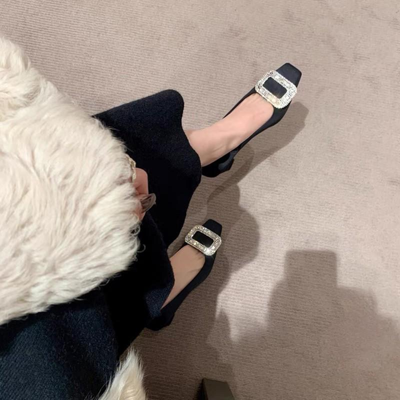 Spring/Summer Black Rhinestone Chunky Medium Heel Square Toe Boat Shoes with Buckle