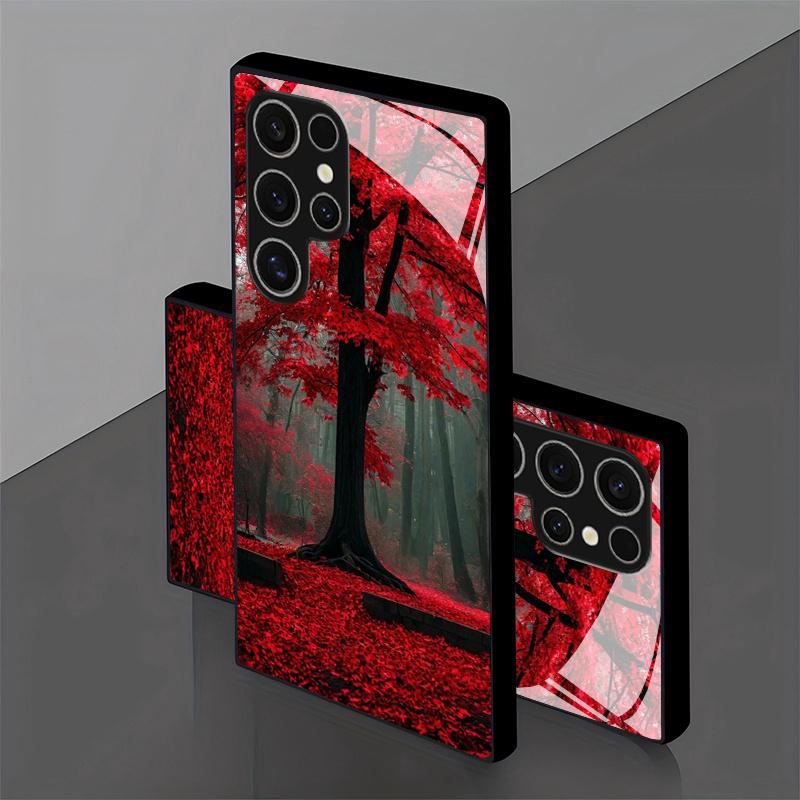 Tempered glass phone case with tree pattern covered in red leaves for Samsung Galaxy S26 S25 S24 S23 S22 S21 S20 fe plus ultra