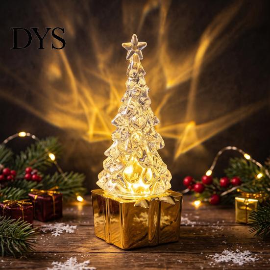 Christmas Party Atmosphere Decor Mini LED Light Up Faux Crystal Tree Figurine, Lighted Xmas Safe for Children Table Centerpiece with Gift Box