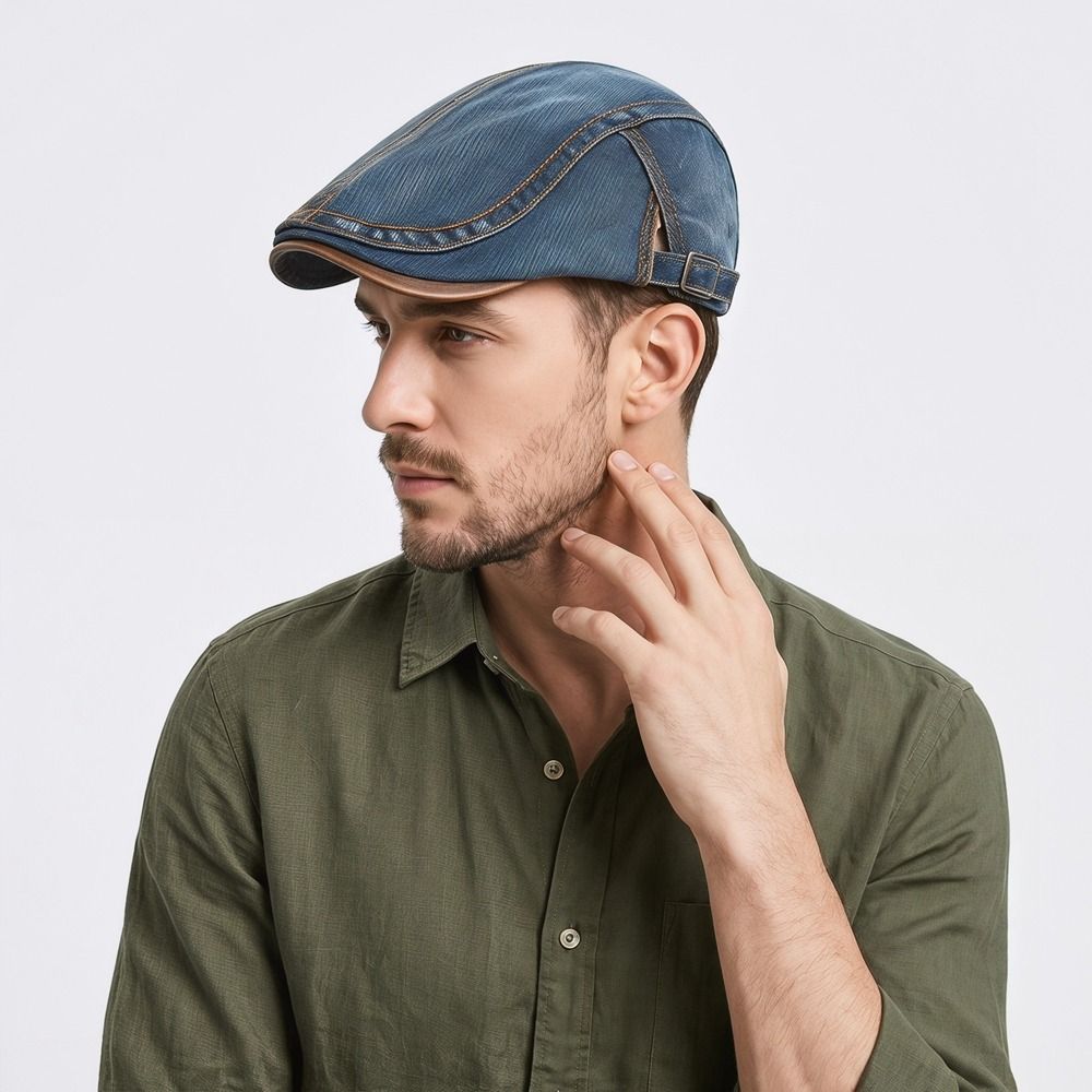 Casual Cotton Washed Denim Newsboy Caps British Style Adjustable Painter Beret Solid Color Forward Hat Peaked Cap Men